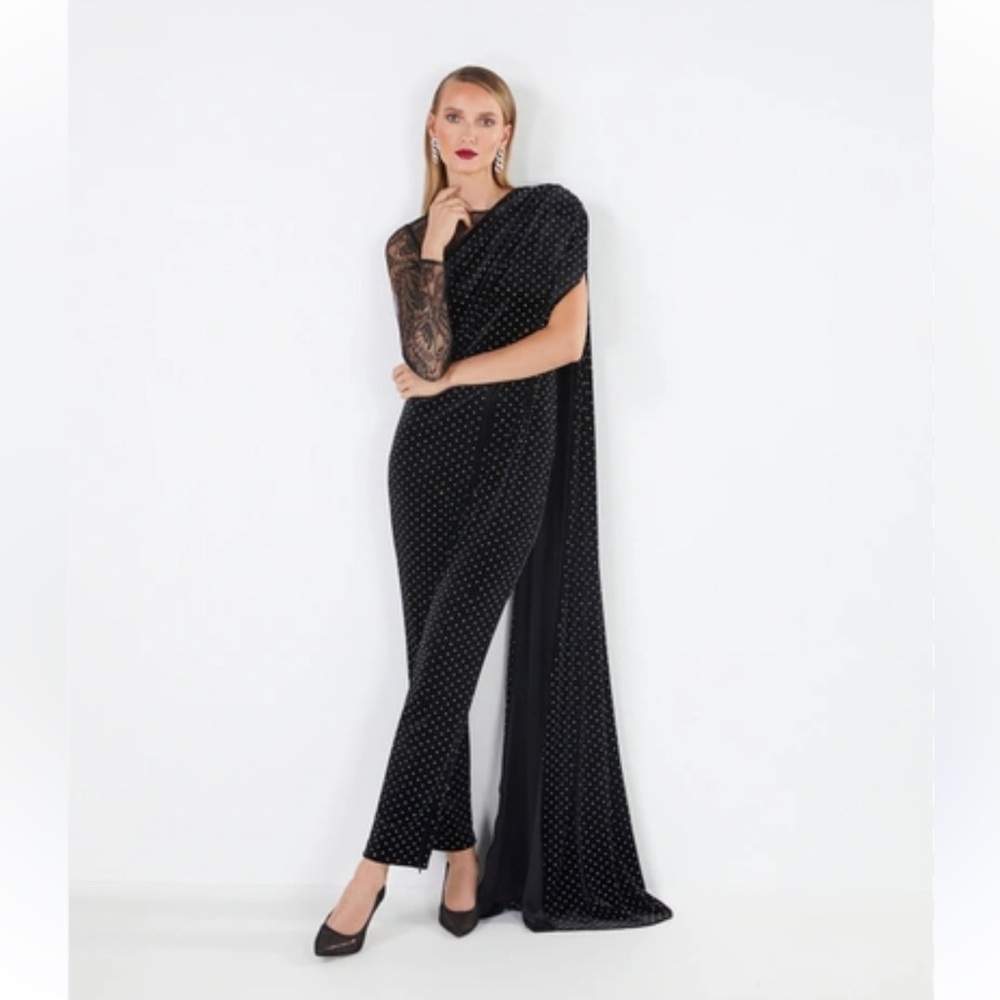 BCBG Black velvet with crystals One-Shoulder Jumpsuit